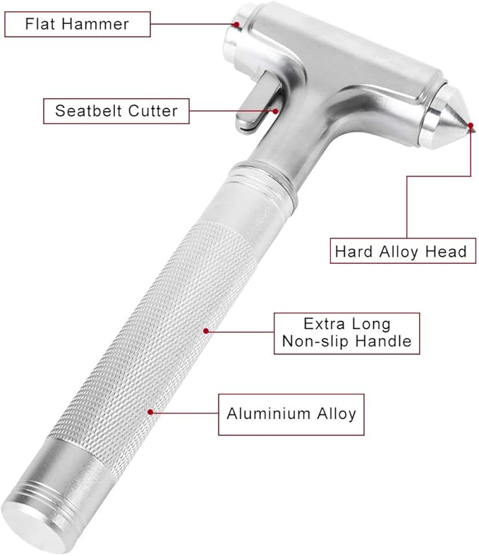 Car Safety Hammer, Fireproof Metal Emergency Escape Hammer with Hard Alloy Head Window Breaker and Seat Belt Cutter, Aluminiu