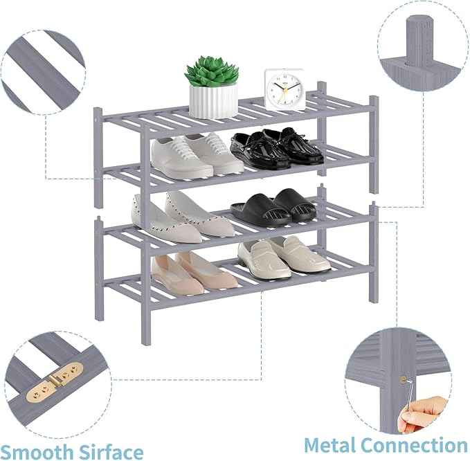 RONGJlA 4 Tier Bamboo Shoe Rack for Closet Free Standing Wood Shoe Shelf Storage Organizer for Entryway Small Space Stackable