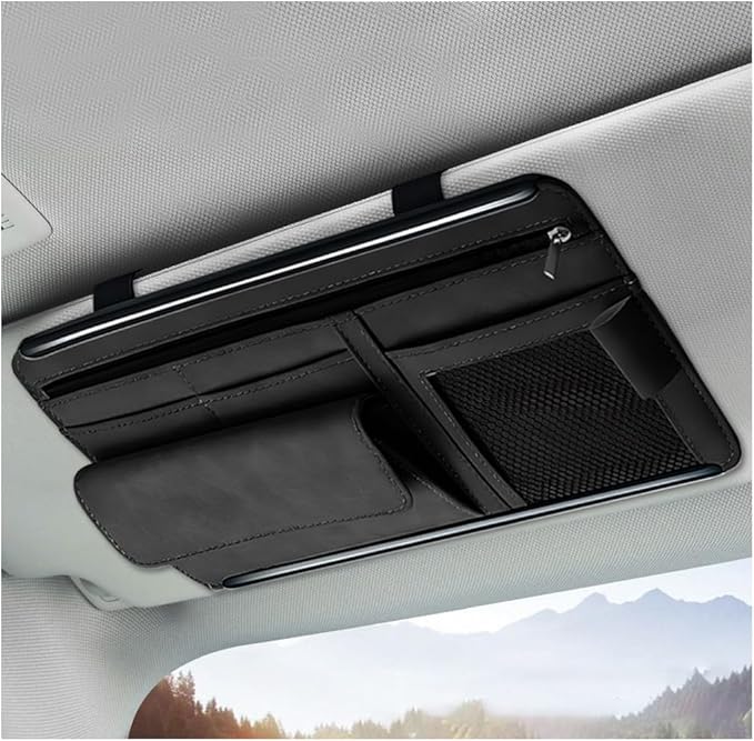 Car Sun Visor Organizer, Soft Leather Auto Sunshade Glasses Storage Bag with Multi-Pocket Net Zipper, Scratch-Resistant Vehicle Visor Pocket Eyeglasses Case Note Holder (Black)