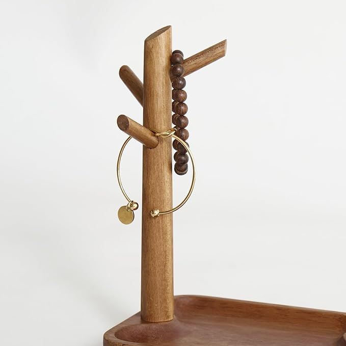 Solid Acacia Wood Key Tray and Bowl for Entryway Table - Jewelry Tray With 3 Hooks, Open Storage for Wallet, Glasses, Watches