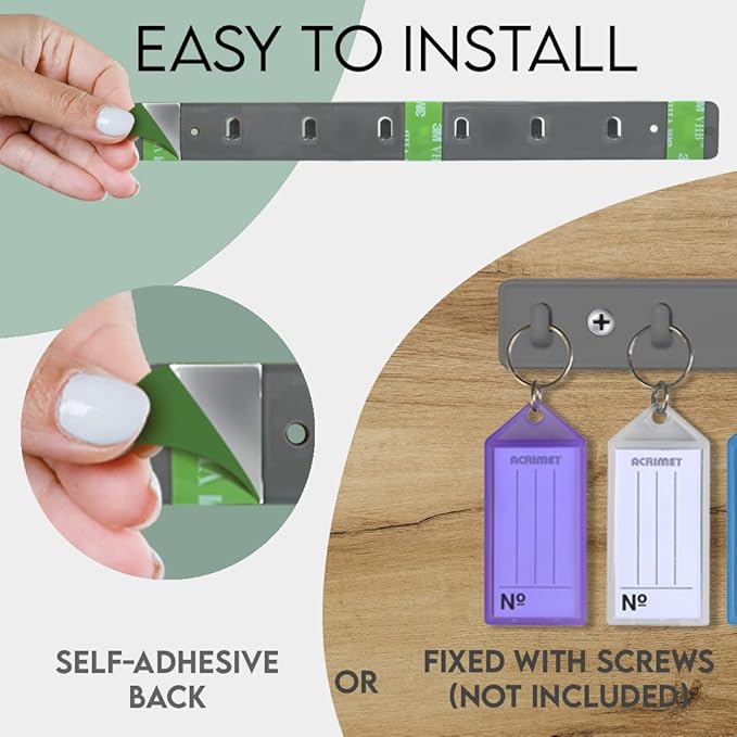 Acrimet Key Tag Rack w/ 8 Keyring Tags (Self-Adhesive Key Storage Rack) (2 Pack) (Assorted Color)