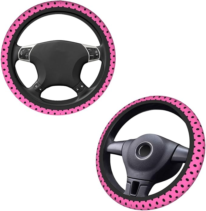 Pink Black Bow Steering Wheel Cover,Cute Classic Universal Fit 14-15 inch Steering Wheel Cover for Women Men, Automotive Inte