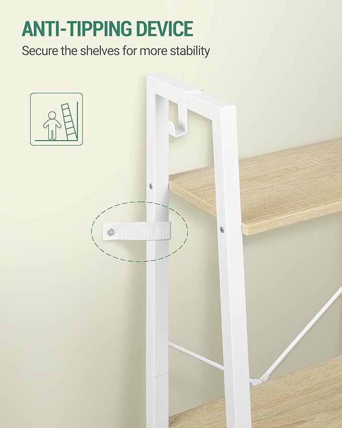 Hzuaneri Ladder Shelf, Bookshelf Bookcase, Freestanding Corner Storage Shelve with 2 Hooks for Home Office, Living Room, Kitc