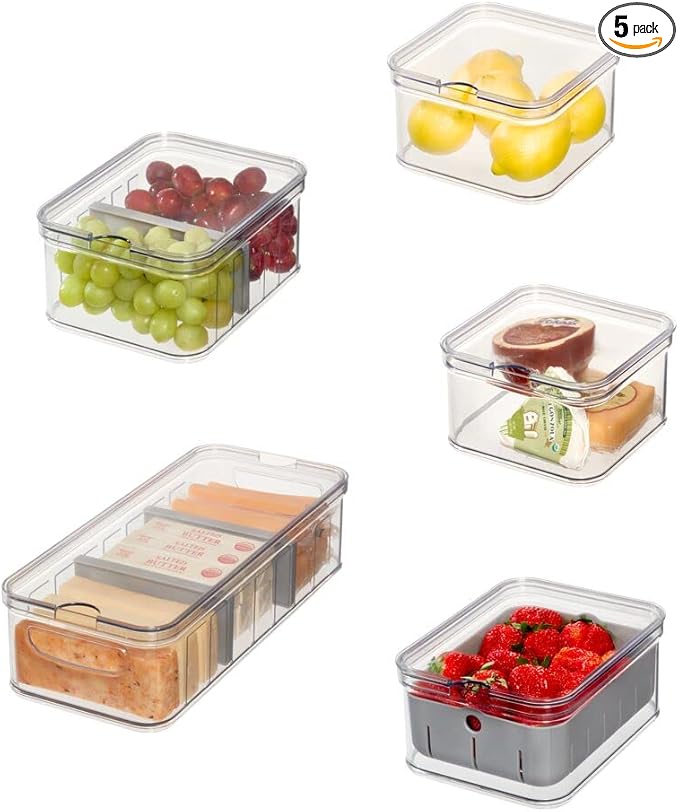iDesign Crisp 5-Piece Recycled Plastic Refrigerator Organizer Bin Set with Lids, Clear/Gray