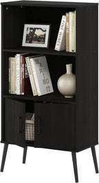 Furinno Claude Mid Century Style Accent Wooden Leg Bookcase Cabinet with Storage Organizer Shelves, Espresso
