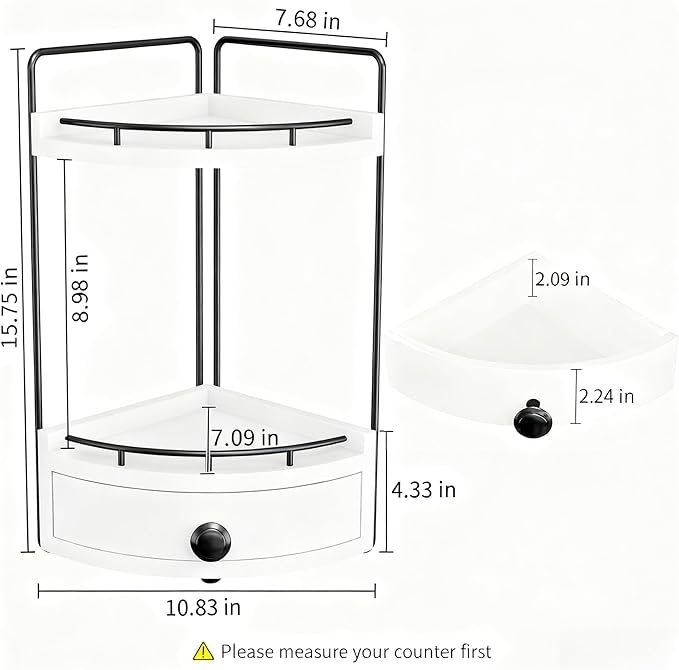 2-Tier Corner Bathroom Counter Organizer with Drawer & Embedded Screw Holes - Wooden Countertop Organizers for Skincare, Make