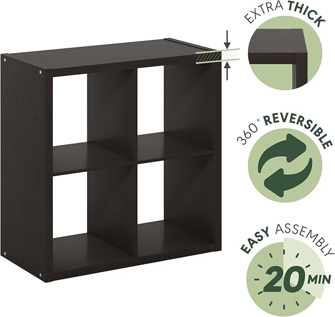 Furinno CUBICLE Book Shelf, 4-Cube Bookshelf, Extra Thick Frame Reversible Bookcase with Open Back, 14.6" x 30" x 30", for Li