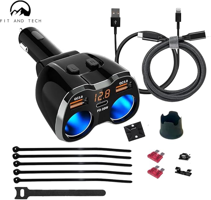 USB Car Charger Pro Combo 2 Sockets Cigarette Lighter Splitter 12/24V 80W Dual USB Type-C Ports Separate Switch LED Voltage Display Built-in Replaceable 10A Fuse Compatible Mobile Phone GPS Dash Cam