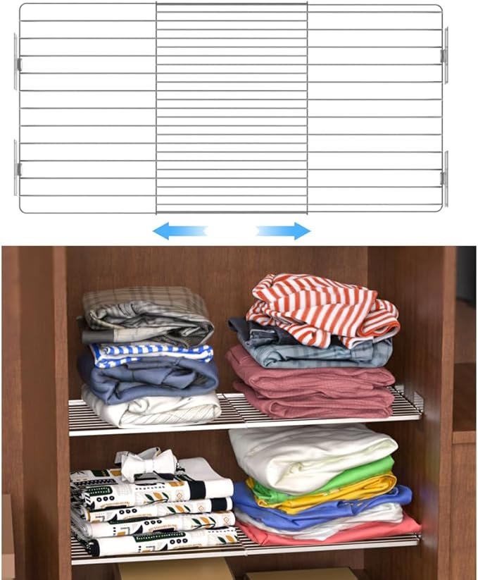 Metal Wire Storage Shelf, Adjustable Width Closet Shelf Divider Expandable Storage Shelves Wardrobe Organizer (16.9''-32''W, 