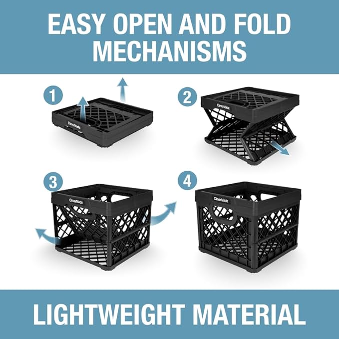 CleverMade Collapsible Milk Crate 25L (6.6 Gal), 50 lb Capacity Heavy Duty Folding Crate – Stackable Storage Crates with File