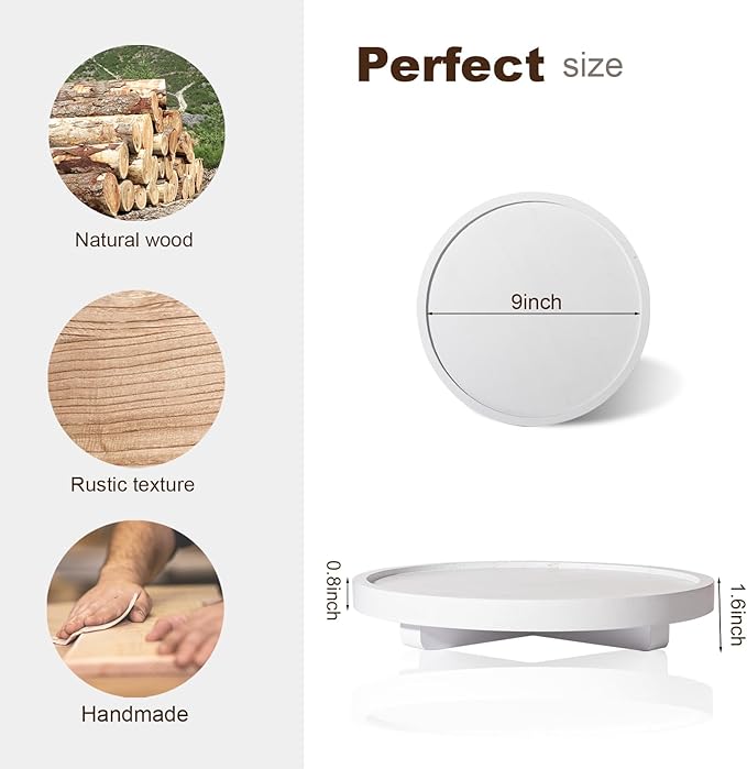 Round Decorative Tray Wood Bathroom Counter Organizer Farmhouse Kitchen Decor Wooden Riser for Soap Dish, Perfume, Candle, Sp