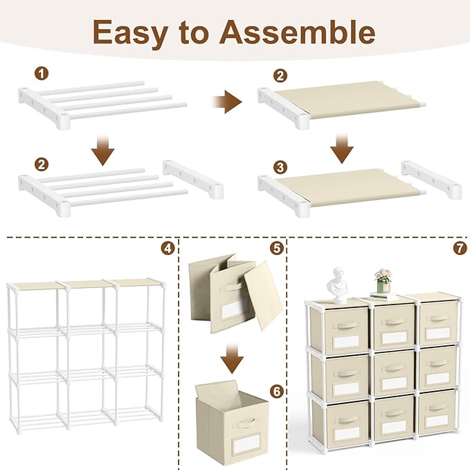 Geelin 9 Cube Storage Organizer with Fabric Bins and Labels 11 Inch, Fabric Collapsible Cubby Clothes Storage Drawer Dresser 