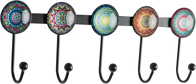 Boho Coat Rack Wall Mounted with 5 Hooks, Multi-Color Mandala Pattern Decorative Wall Hooks for Hanging Hat, Key, Towel, Purs