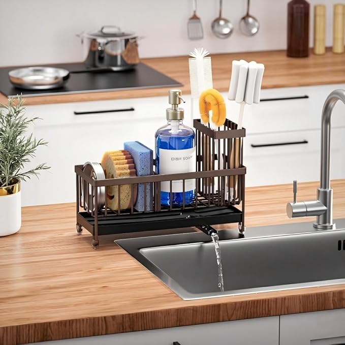 Cisily Brown Sponge Holder for Kitchen Sink, Sink Caddy Organizer with High Brush Holder, Kitchen Countertop Organizers and S