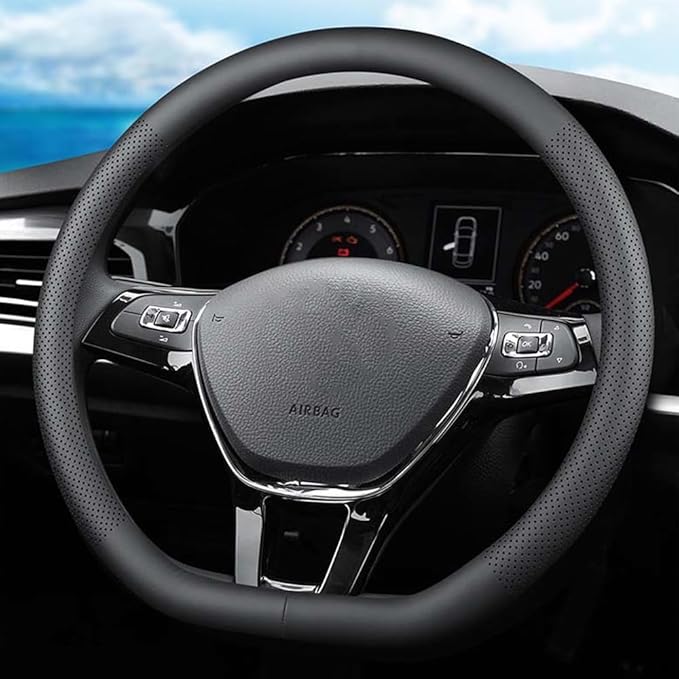 XHRING D-Shaped Car Steering Wheel Cover for Volkswagen VW Atlas Tiguan ID.4 Taos Passat Golf Jetta Beetle Polo GTI CC Touareg SE SEL R-line S Cross Sport Accessories, 2026 Leather Black