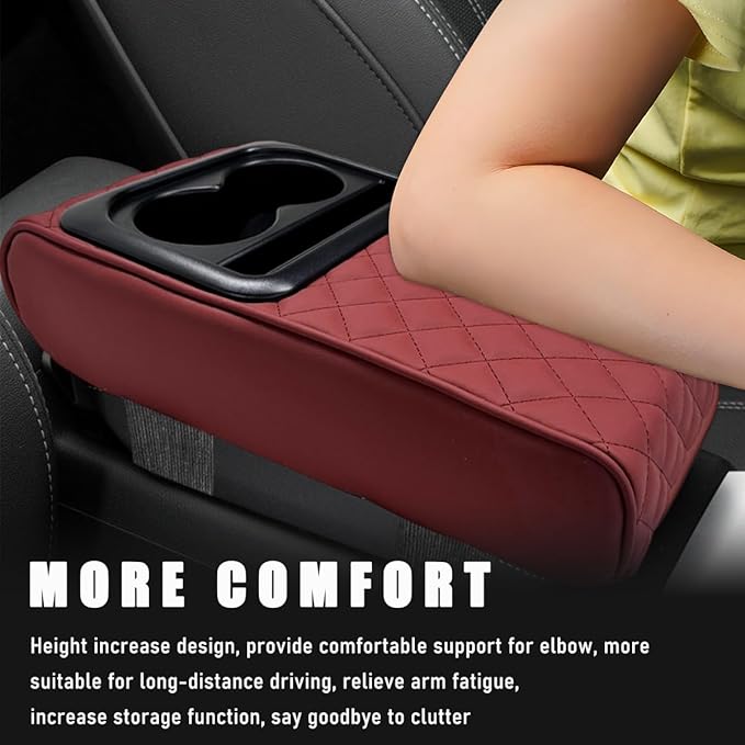 Car Center Console Armrest Pillow, Waterproof Car Armrest Cover Cushion with Cup and Phone Holder, Memory Foam Arm Rest Box Protector for Most Vehicles, Car Accessories (Wine Red)