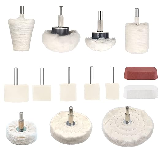 14 Pcs Polishing Wheel Kit for Drill - Buffing Pad Set With 2 Compounds and 5 Felt Wheels for Aluminum, Stainless Steel, Chrome, Metal, Glass, Car Detailing