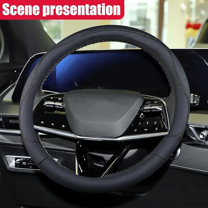 Craedli 14.5-15 Inch Leather Car Steering Wheel Cover, Non-Slip Breathable Auto Steering Wheel Protector Cover, Universal Veh