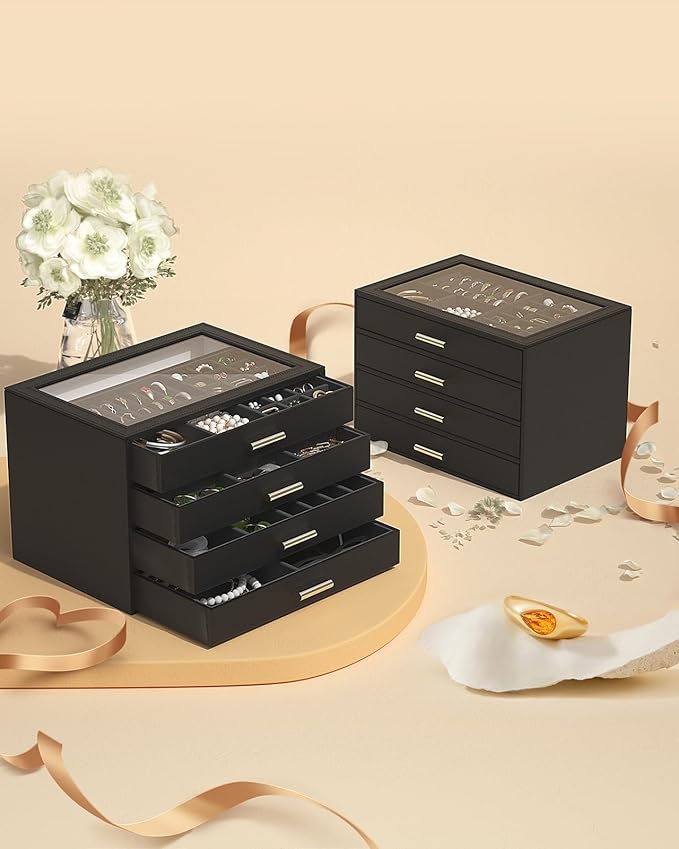 AKOZLIN Jewelry Box with Clear Lid Functional Leather Jewelry Storage Organizer Case 4 Drawers for Women Girls Necklace Ring 