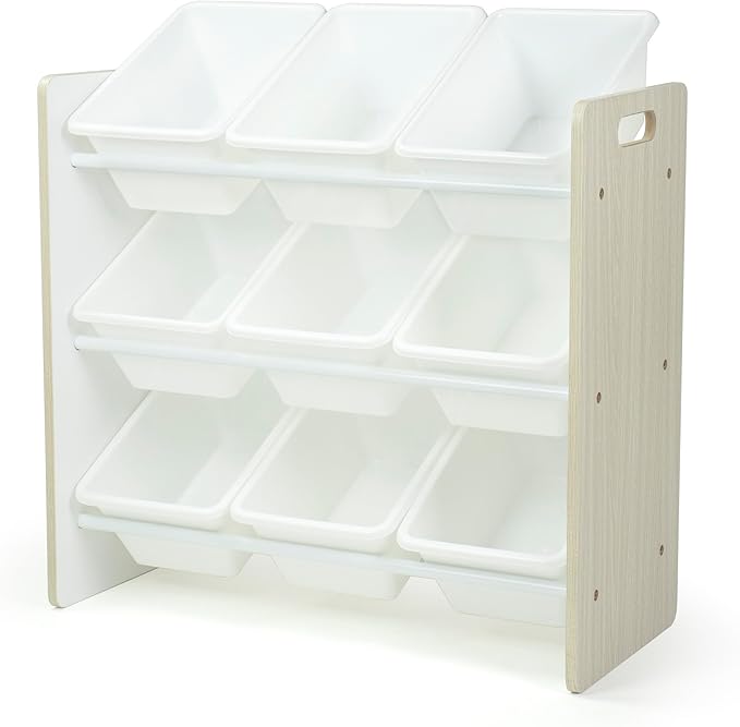 Humble Crew 9-Bin Toy Organizer – Hampton Sandwashed with White Plastic Bins, 3-Tier Storage Solution for Kids' Playrooms and