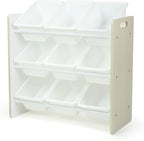 Humble Crew 9-Bin Toy Organizer – Hampton Sandwashed with White Plastic Bins, 3-Tier Storage Solution for Kids' Playrooms and