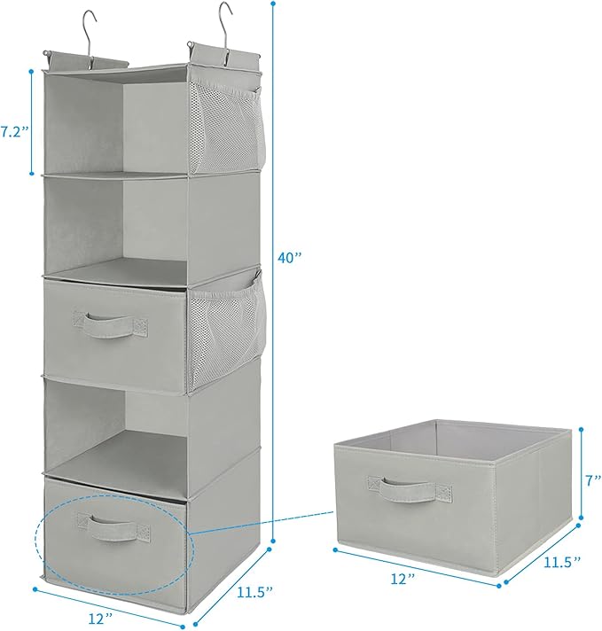 MAX Houser 5 Tier Shelf Hanging Closet Organizer, Cloth Hanging Shelf with 2 Sturdy Hooks for Storage, Foldable (Light Grey-D