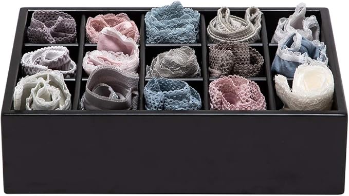 GOBAM Bamboo Closet Drawer Organizer, 15 Compartments - Drawer Divider & Storage Box for Ties, Bras, Briefs, Socks & Jewelry 