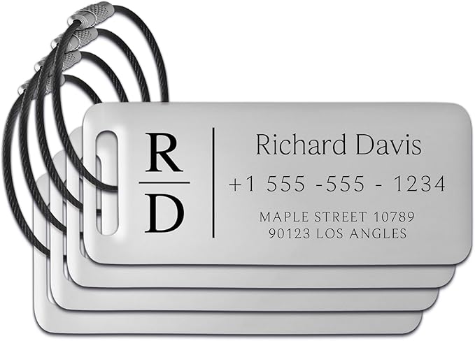 Personalized Luggage Tags for Suitcases 4 Pack - Stainless Steel Custom Luggage Tags for Backpacks & Bags, Sturdy, Waterproof