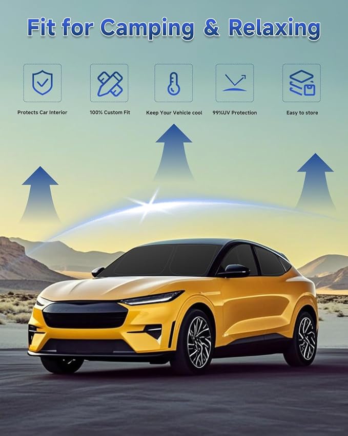 8PCS Window Shades for Ford Mustang Mach-E(2021-2025) Accessories – Full Coverage Sun Shade for Side Windows, Rear Triangular & Windshield – UV Protection & Privacy for Camping, Napping, Relaxing