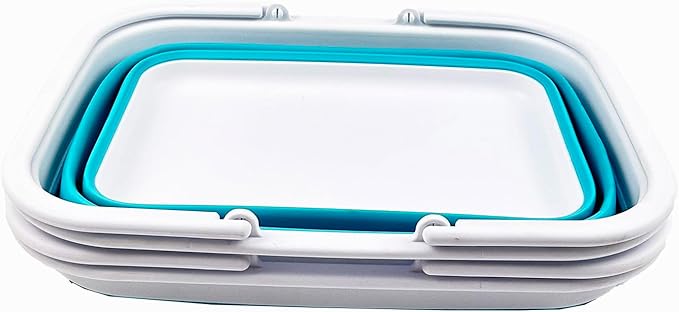 SAMMART 9.2L (2.37Gallon) Collapsible Tub with Handle - Portable Outdoor Picnic Basket/Crater - Foldable Shopping Bag - Space Saving Storage Container (2, White/Bright Blue)