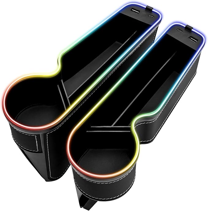 7 Color Led Car Seat Gap Organizer Car Seat Pocket Gap Filler with USB+C Charger,2 Pack Car Seat Gap Storage Console Side Gap Filler with Cigarette Lighter 2026 Fast Charger Seat Gap Filler (Black)