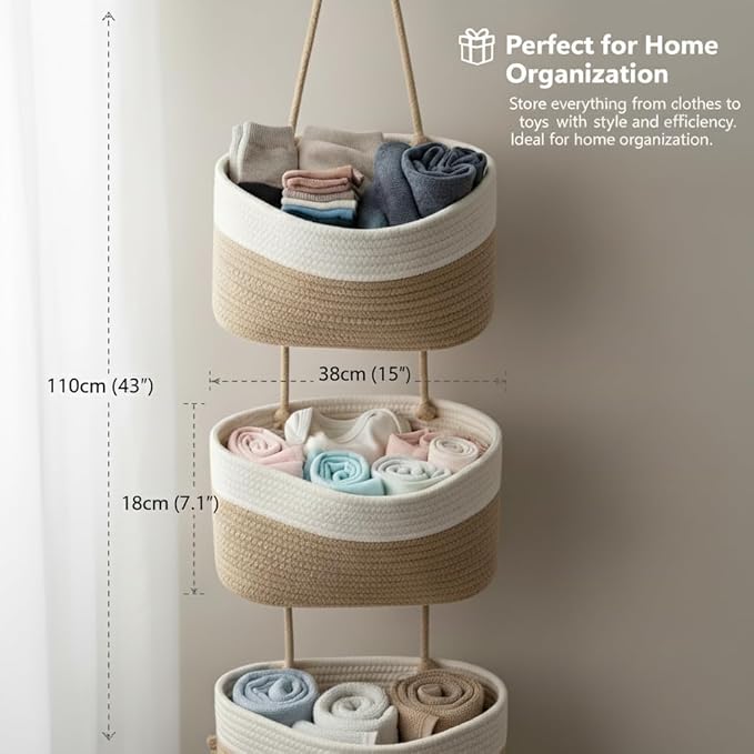 Hanging Wall Basket, Over the Door Hanging Basket with Hooks, 3-Tier Cotton Hanging Basket for Organizing, Decorative Boho Ch