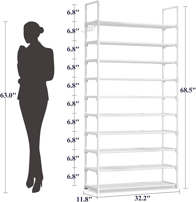 Kitsure Shoe Rack for Closet - 10-Tier Shoe Organizer with Hook Rack, Large-Capacity & Space-Saving Shoe Shelf for Entryway, 
