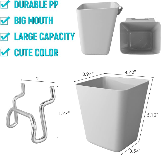 G.CORE Large Pegboard Cups Peg Board Storage Bin 6 Pack with Hooks, Square Box Shape Pegboard Cup Holder Accessories for Gara