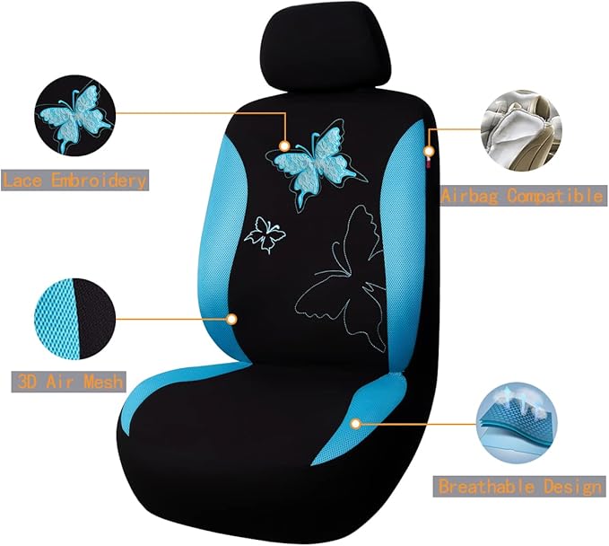 Flying Banner Butterfly car seat Covers ful Set Fashion Universal Lady Woman Female Rear Bench Split Colorized (Mint Blue, 2 