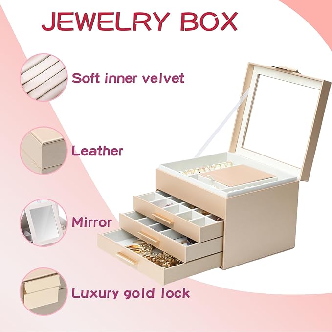 BOOVO Clear Lid Jewelry Box,4 Layers Jewelry Organizer Large Jewelry Storage Box with 3 Drawers,Jewelry Holder Organzier of R