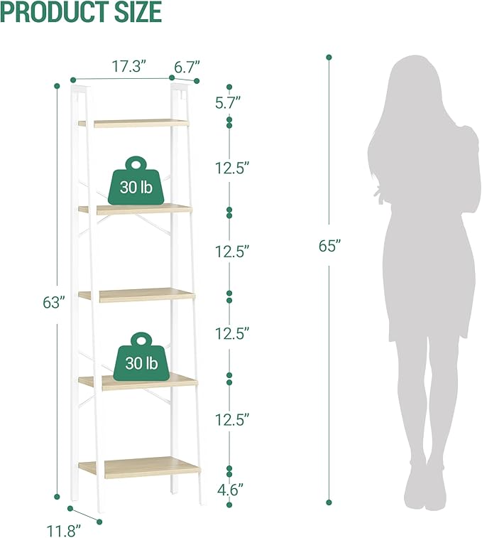 Hzuaneri Ladder Shelf, Bookshelf Bookcase, Freestanding Corner Storage Shelve with 2 Hooks for Home Office, Living Room, Kitc