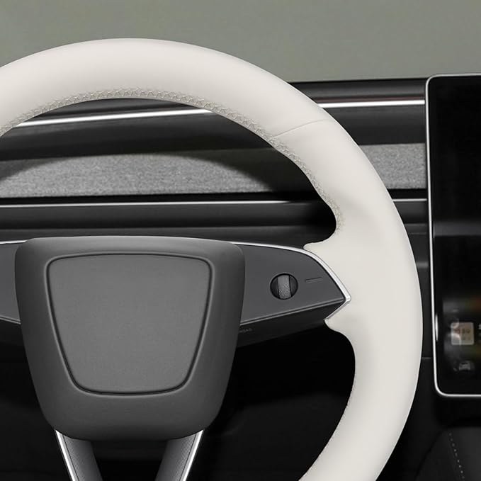 MEWANT Hand Stitched White Leather Steering Wheel Cover for Tesla Model 3 Highland 2023 2024 2025