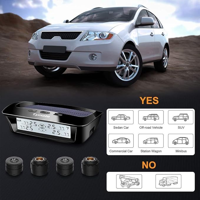 Tymate RV Tire Pressure Monitoring System - M12-3 Tire Pressure Monitor System (0-87 PSI) with Solar Charge, 5 Alarm Modes, Auto Sleep Mode, LCD Display, RV TPMS with 4 Sensors, Easy to Install