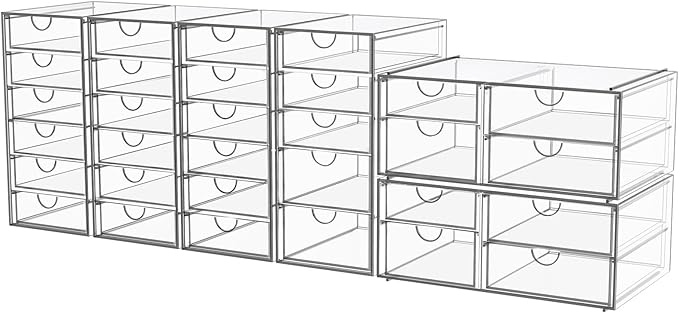 YFXCVSL Acrylic Makeup Organizer with 31 Drawers, 6 Pack Clear Storage Drawers, Bathroom Makeup Organizer for Palettes, Cosme