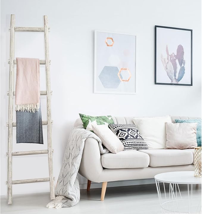 HomeStock Decorative Wooden Ladder Accent Piece for Blankets & Towels White