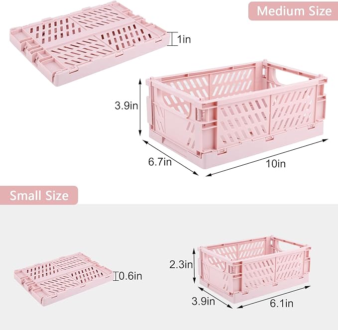 Plastic Baskets for Desk Organizing, Drawer Organizer, 2 Medium+2 Small Durable Folding Storage Crate for Home Kitchen Classr