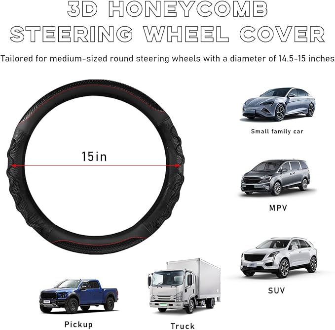 Yourkar Car Steering Wheel Cover, 15 Inch Leather Round Comfy Grip Steering Wheel Protector, Anti-Slip Steering Wheel Cover w