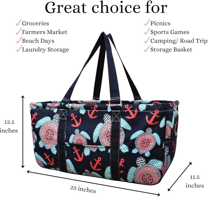 NGIL Extra Large Utility Tote Reusable Grocery Bag Oversized Collapsible for Groceries, Storage, Picnic, Beach (Sea Turtle Anchor Print-navy)