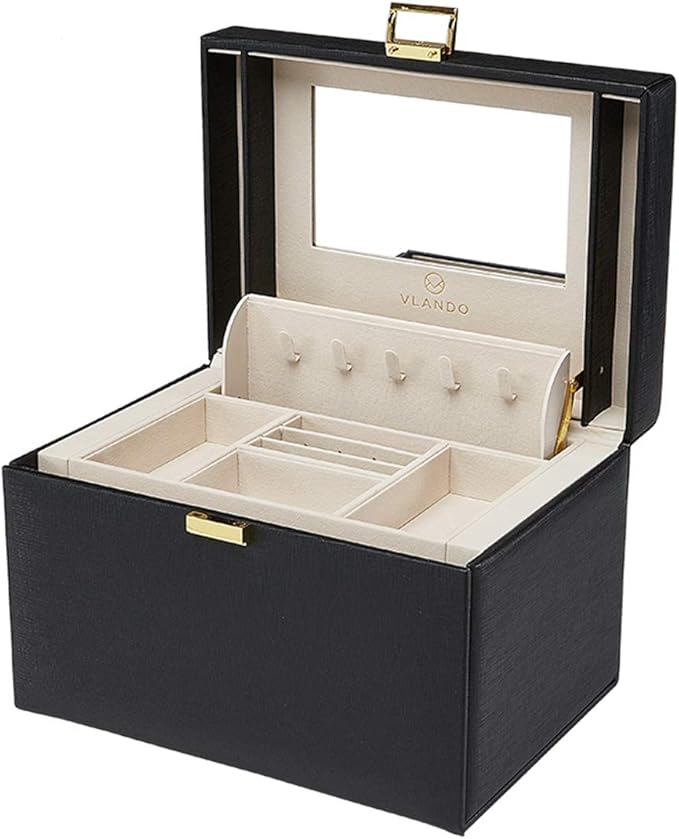 Vlando Jewelry Box Organizer for Girls Women, Large Baroque Jewelry Holder Organizer with Mirror, 3 Drawers for Bracelets, Ea