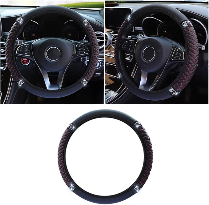 Bling Soft Leather Steering Wheel Cover, 15 Inch Colorful Rhinestones Auto Elastic Protector with Crystal Diamond for Women G