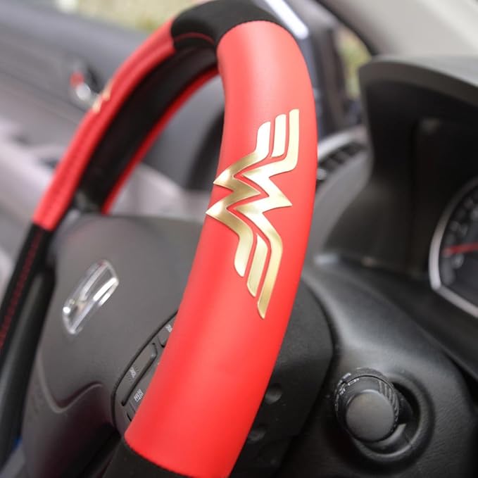 BDK Warner Bros DC Comics Wonder Woman Steering Wheel Cover - Car Accessories for Women, Superhero Heroine Gift Ideas, Original Red White Blue WonderWoman Logo, Universal Standard Fit 14.5-15.5 Inches
