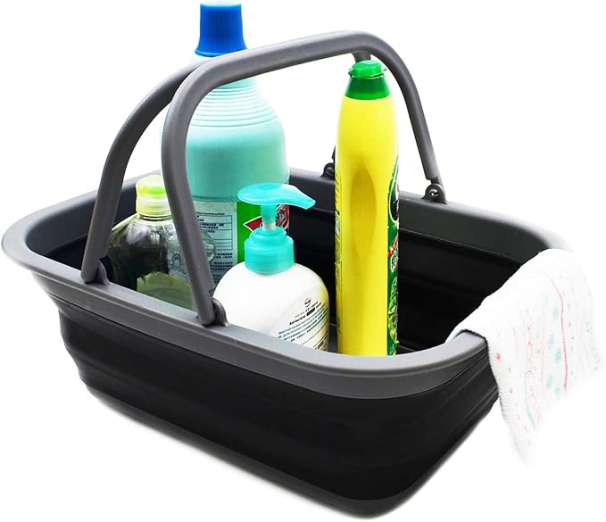 SAMMART SAMMART 9.2L (2.37Gallon) Collapsible Tub with Handle - Portable Outdoor Picnic Basket/Crater - Foldable Shopping Bag - Space Saving Storage Container (1, Grey/Black)