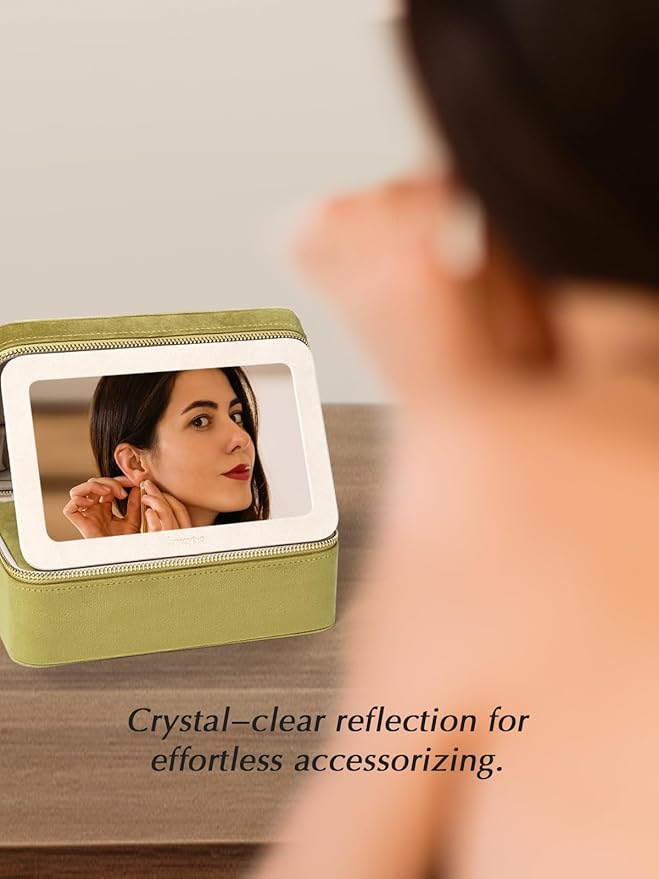 Velvet Travel Jewelry Box with Large Mirror, Double-Layer Jewelry Organizer Case for Women and Girls, Portable Storage Case w