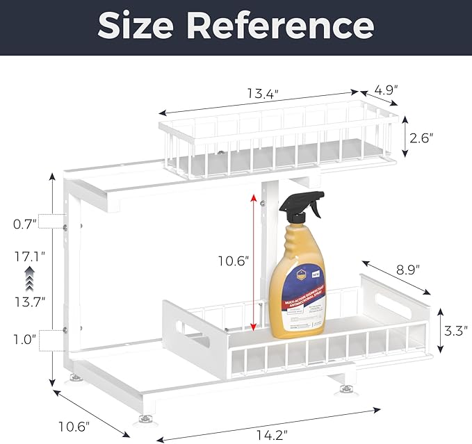 Under Sink Organizer, 2-Tier Premium Metal Pull-Out Racks with Adjustable Height, Heavy Duty Sliding Bin for Bathroom and Kit